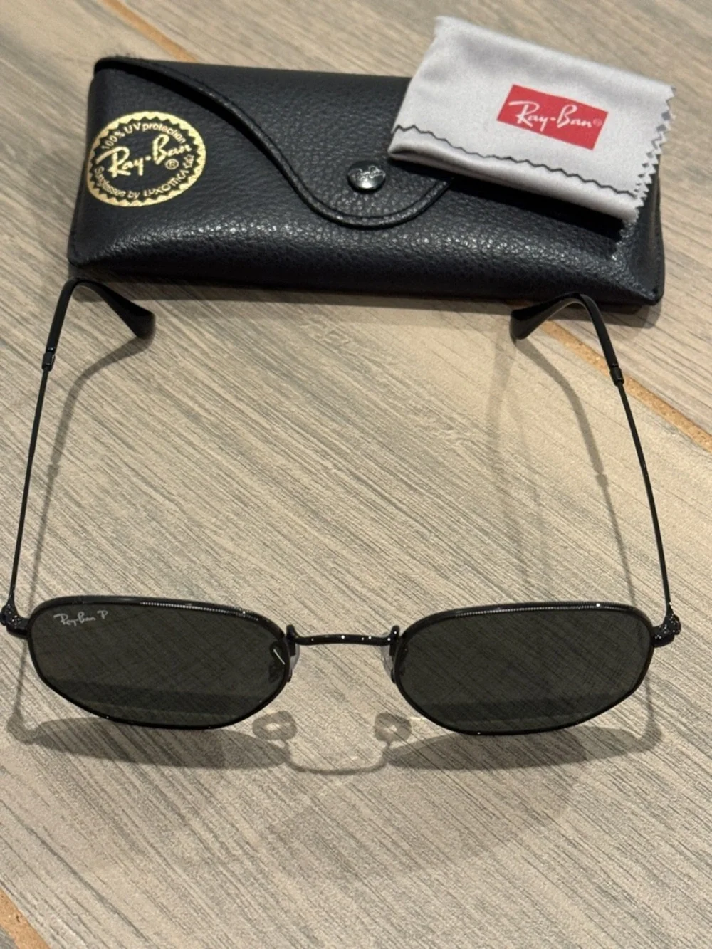 Ray-Ban Hexagonal Black Frame Sunglasses with Dark Green Lenses